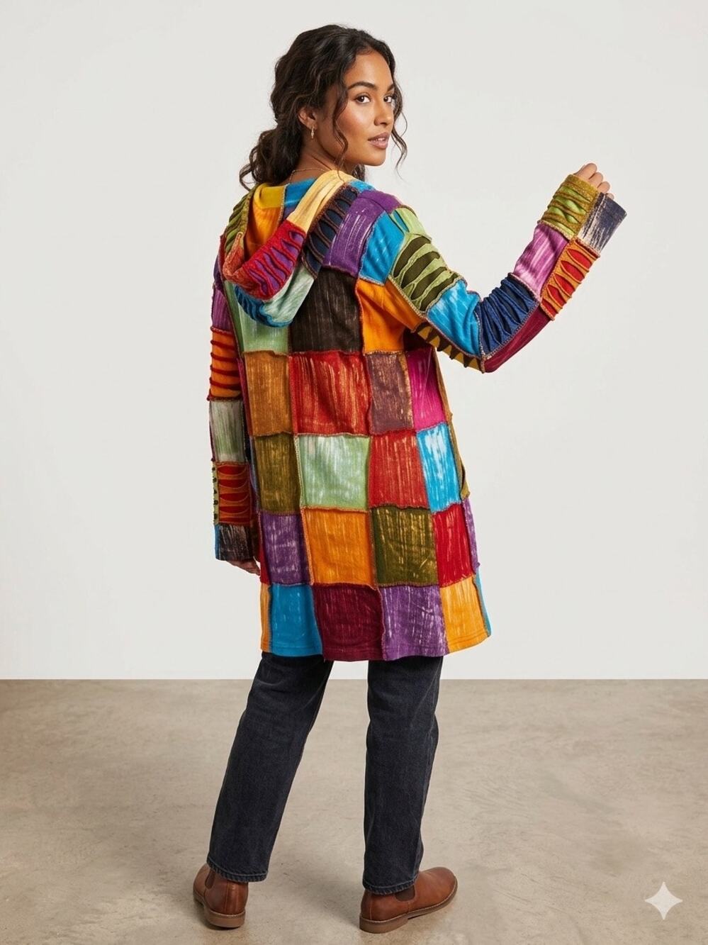 Vintage Patchwork Hooded Cardigan Jacket Women's Colorful Boho Hippie Knit L/XL
